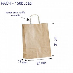 Sacosa hartie kraft natur, mâner rasucit, 25x11x31 cm