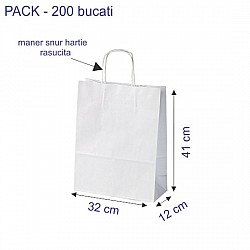 Sacosa hartie kraft alb mâner rasucit, 32x12x41cm